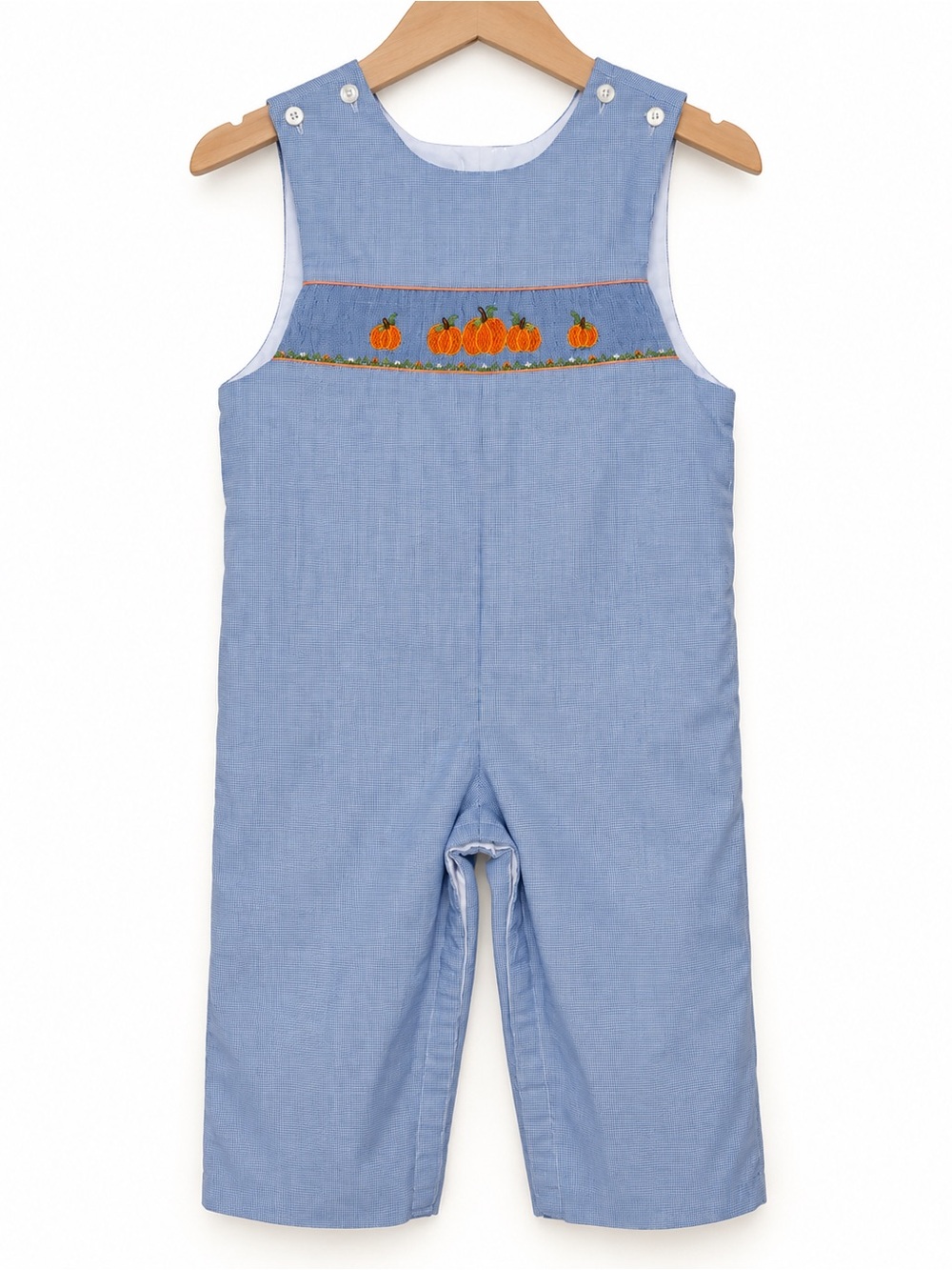 Petit Bebe Pumpkin Smocked Blue Gingham Longall Romper 2T Fall